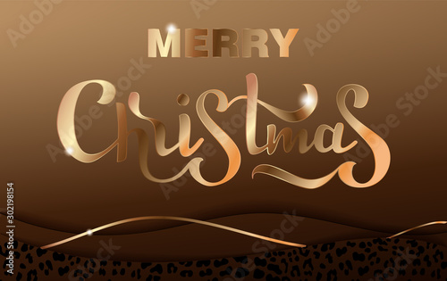 Vector illustration christmas lettering. Invitation Template whith 3d paper cut with Fashionable Leopard Pattern