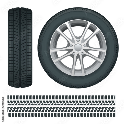 Car wheels and tires in a row. Car tires and track traces vector isolated icons