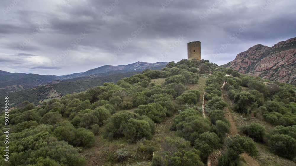 aerial view with drone of the castle torre dei doria chiaramonti santa maria goghinas in sardinia aerial view with drone of the castle torre dei doria chiaramonti santa maria goghinas in sardinia