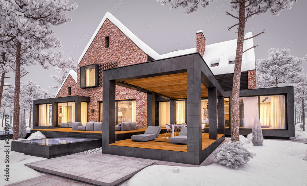3d rendering of modern cozy clinker house on the ponds with garage and pool for sale or rent with beautiful landscaping on background. Cool winter evening with warm cozy light inside. - obrazy, fototapety, plakaty 