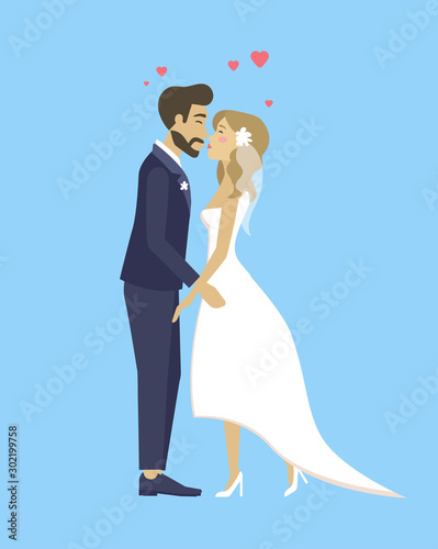 Happy bride and groom, just married couple in wedding suit and white dress kissing. Vector cartoon newlywed husband and wife, engagement of lovers