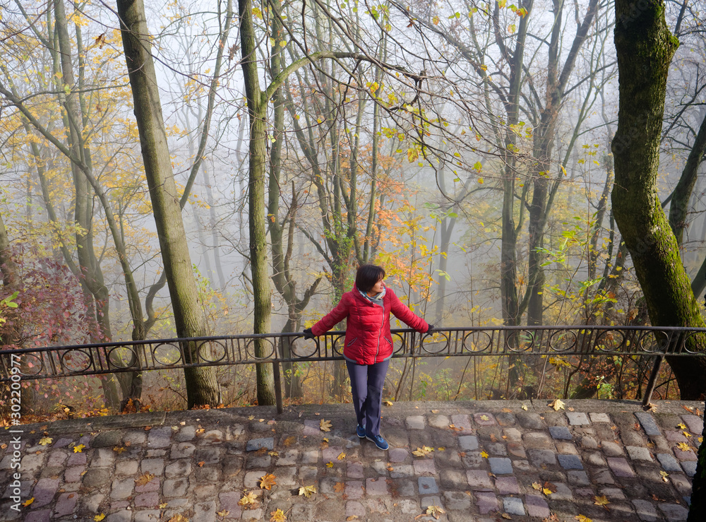 beautiful cheerful woman in autumn foggy park