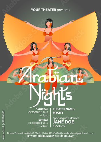 Retro styled poster template for belly dance show with five belly dancers in gold colored costumes