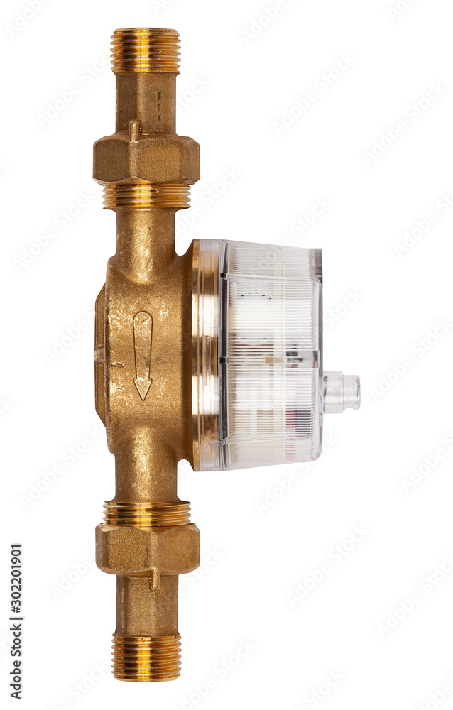 New brass water meter isolated on white background.
