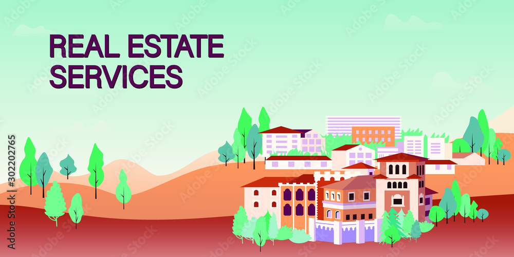 Web banner template for real estate agency or broker. Row of houses and trees, town view. vector illustration in flat  style for advertisement of property selling or renting. Web site template 