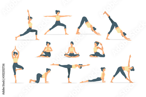 Woman activities. Set of women doing sports, yoga, dancing, running, jogging, jumping, fitness. Sport women vector flat illustration isolated on white background in different poses - Vector