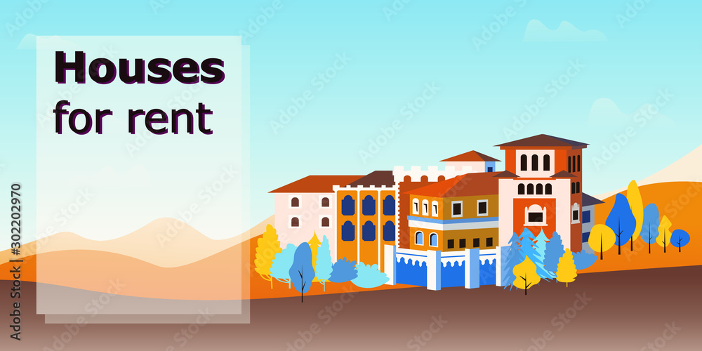  Real estate services concept. Website homepage landing web page template. Row of houses and trees, town view.  Vector illustration in flat style for advertisement of property selling o renting.