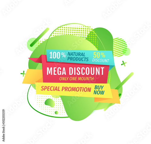 Mega discounts special offer of shop vector, market proposition on isolated banner, percent and buy now sign stores proposing price reduction on goods