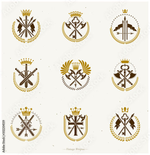 Vintage Weapon Emblems set. Heraldic signs vector vintage elements collection.