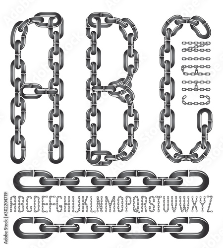 Vector font, trendy typescript can be used in poster creation. Capital decorative letters, abc created using chrome chain, linkage.