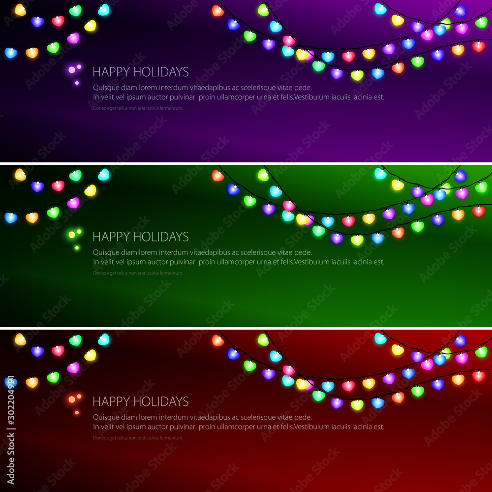 Set of festive banners with colorful glowing hearts garlands, merry christmas and winter sale and happy new year concept, vector illustration Set of festive banners with colorful glowing hearts garlands, merry christmas and winter sale and happy new year concept, vector illustration
