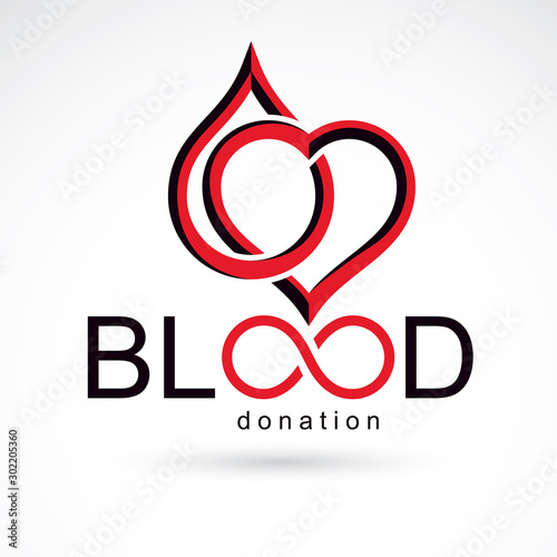 Blood donation inscription isolated on white and created with vector red blood drops, heart shape and infinity symbol. Medical theme graphic logo for use in charitable organizations.