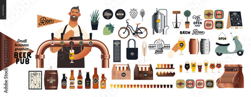 Tableau sur toile Brewery, craft beer pub -small business graphics -male visitor at the bar countera bartender-modern flat vector concept illustrations -young man pouring beer from the beer tower