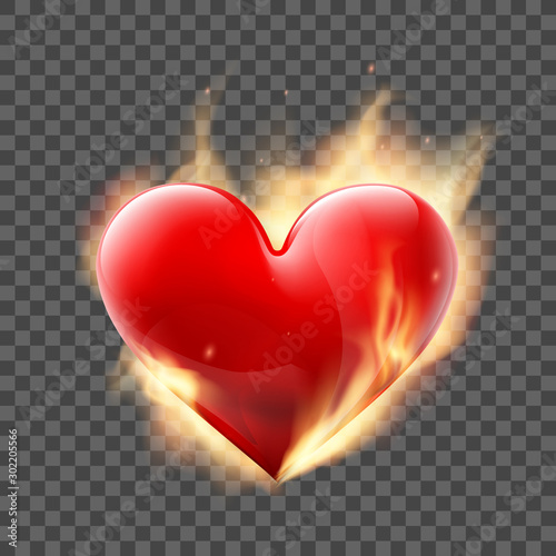 Red heart burns with fire. Vector template