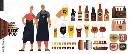 Brewery, craft beer pub -small business graphics -pub owners and brewery components -modern flat vector concept illustrations -man, woman, bartenders wearing apron. Bottles, glasses, casks, beer mats