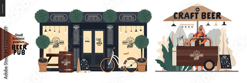 Brewery, craft beer pub -small business graphics -a bar facade and vending cart-modern flat vector concept illustrations -a pub front, shocase, bicycle. Street food cart under the umbrella