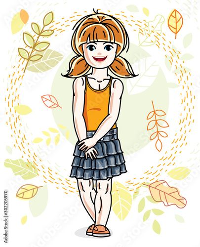 Little red-haired girl toddler standing on background of autumn landscape and wearing fashionable casual clothes. Vector attractive kid illustration. Fashion and lifestyle theme cartoon.
