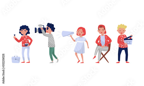 Filmmakers Behind Their Routine Activities Vector Illustration Set Isolated On White Background