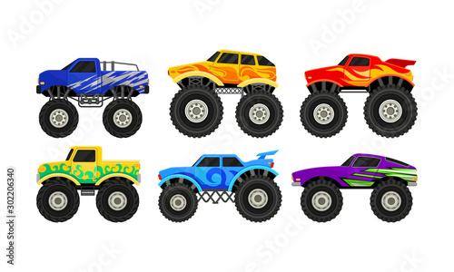 Bright Colorful Monster Trucks With Big Tyre Vector Illustration Set