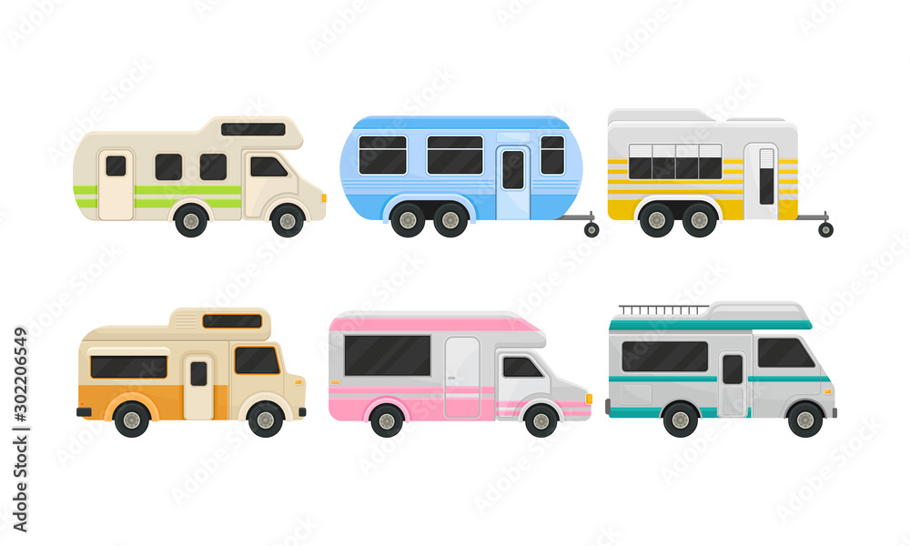 Set Of Classic Camper Vans And Trailers Vector Illustration Set Of Classic Camper Vans And Trailers Vector Illustration