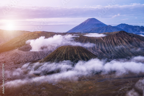 Beautiful landscape of Mount Bromo volcano viewpoint at Bromo Tengger Semeru National Park at sunrise  Indonesia.