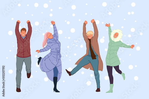Outside walk with friends, winter entertainment, snowy weather recreation concept