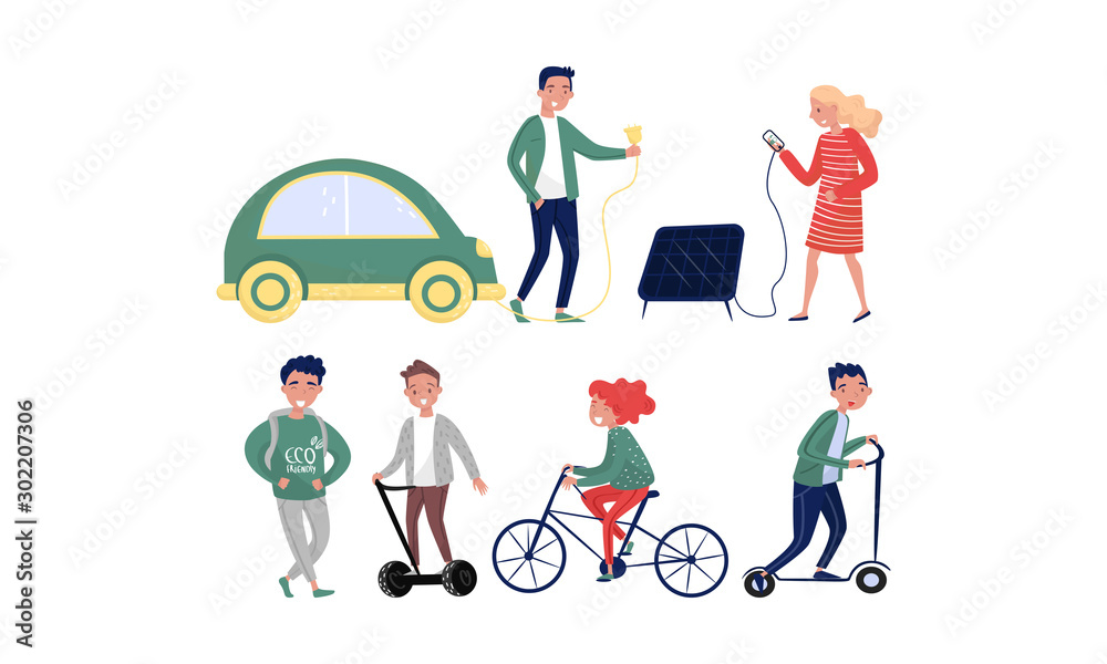 People Use Eco-friendly Transport And Alternative Energy Sources Vector Illustration Set Isolated On White Background People Use Eco-friendly Transport And Alternative Energy Sources Vector Illustration Set Isolated On White Background