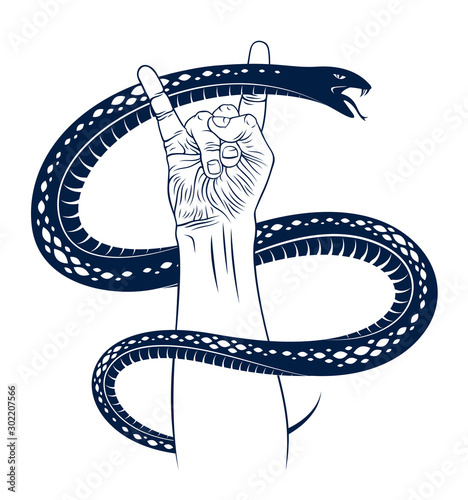 Rock hand sign with aggressive snake, hot music Rock and Roll gesture and serpent, Hard Rock festival concert or club, vector label emblem or logo, musical instruments shop or recording studio.