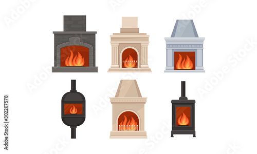 Different Kinds Of Fireplaces With Various Design Vector Illustration Set