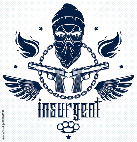 Anarchy and Chaos aggressive emblem or logo with wicked skull, weapons and different design elements , vector vintage scull tattoo, rebel gangster criminal and revolutionary.