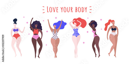 Group of women of different race and figure type in swimwear standing together. Body positive and beauty diversity. Female cartoon characters isolated on white background. Love your body concept.