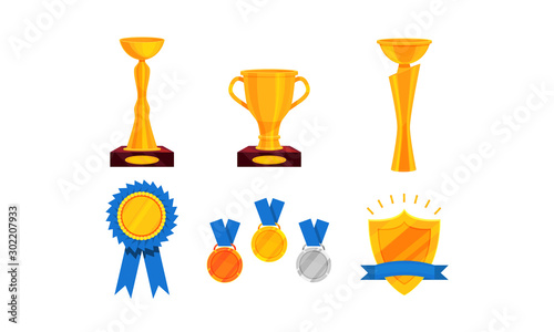 Set With Golden Cups And Trophies On Pedestals Vector Illustration