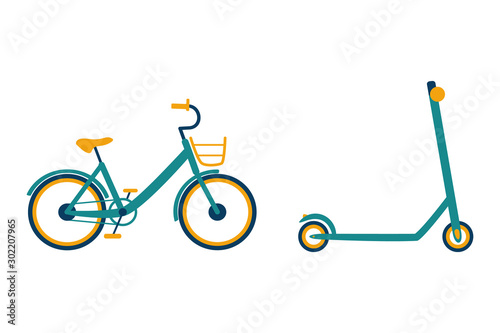 Pedal bike with basket and kick scooter on a white background. Bicycle and e-scooter isolated. Vector flat yellow-green illustration of eco friendly city transport on a white background