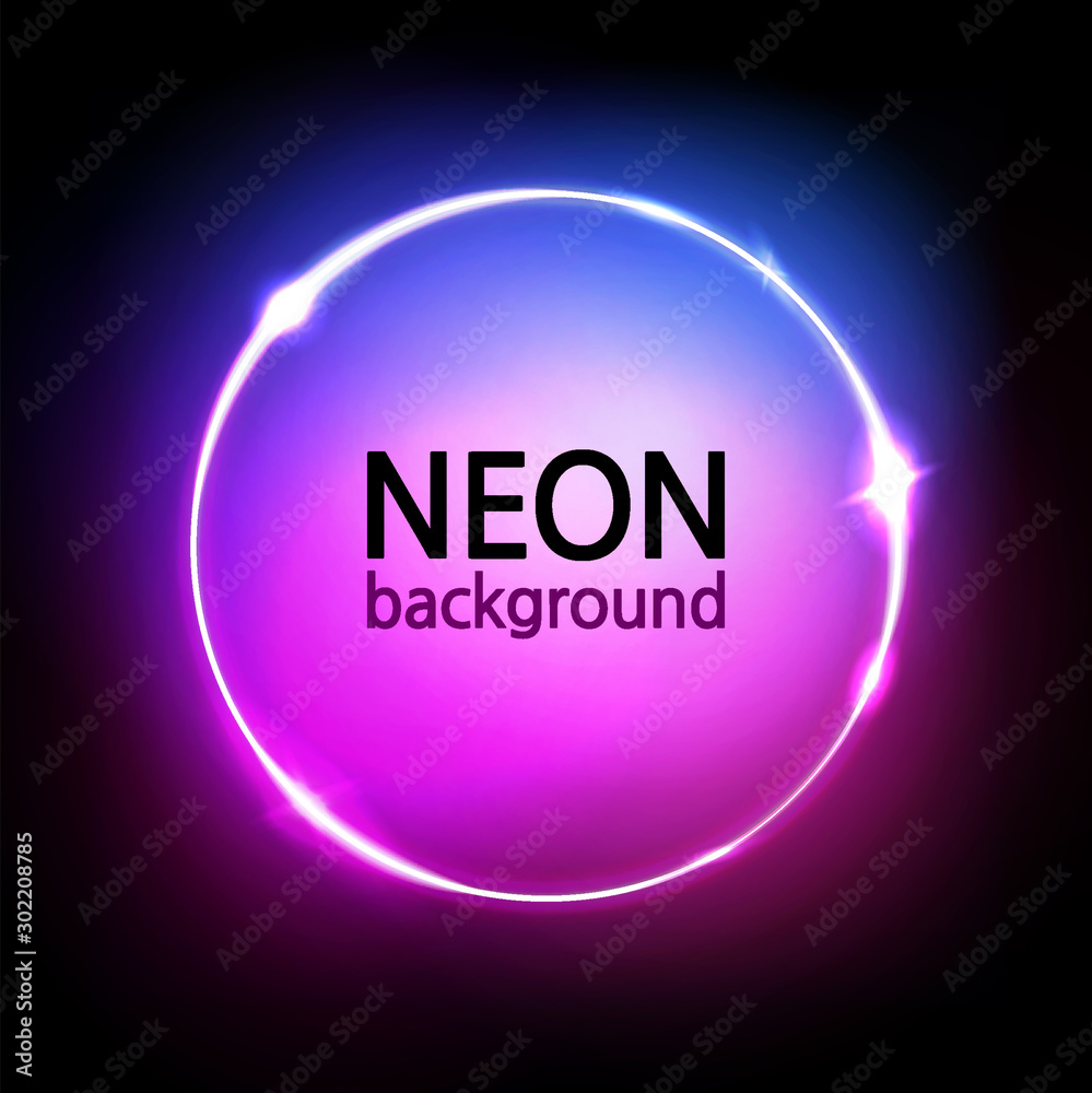 Neon circle background. Glowing round frame. Neon lights in pink, blue, purple vibrant colors. Abstract dark sign, wallpaper, and banner. Vector illustration. Neon circle background. Glowing round frame. Neon lights in pink, blue, purple vibrant colors. Abstract dark sign, wallpaper, and banner. Vector illustration.