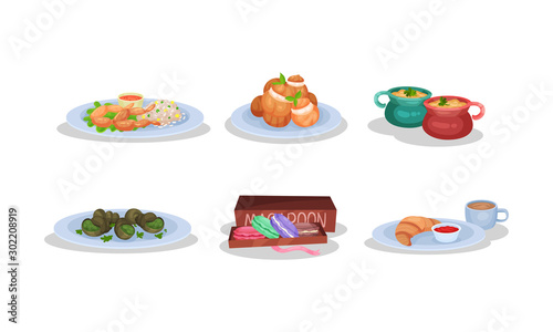 Different Dishes Of Authentic French Cuisine Vector Illustration Set Isolated On White Background