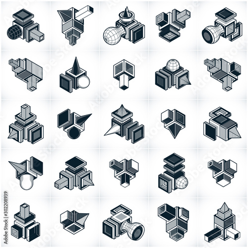 Different engineering constructions collection, abstract vectors set.