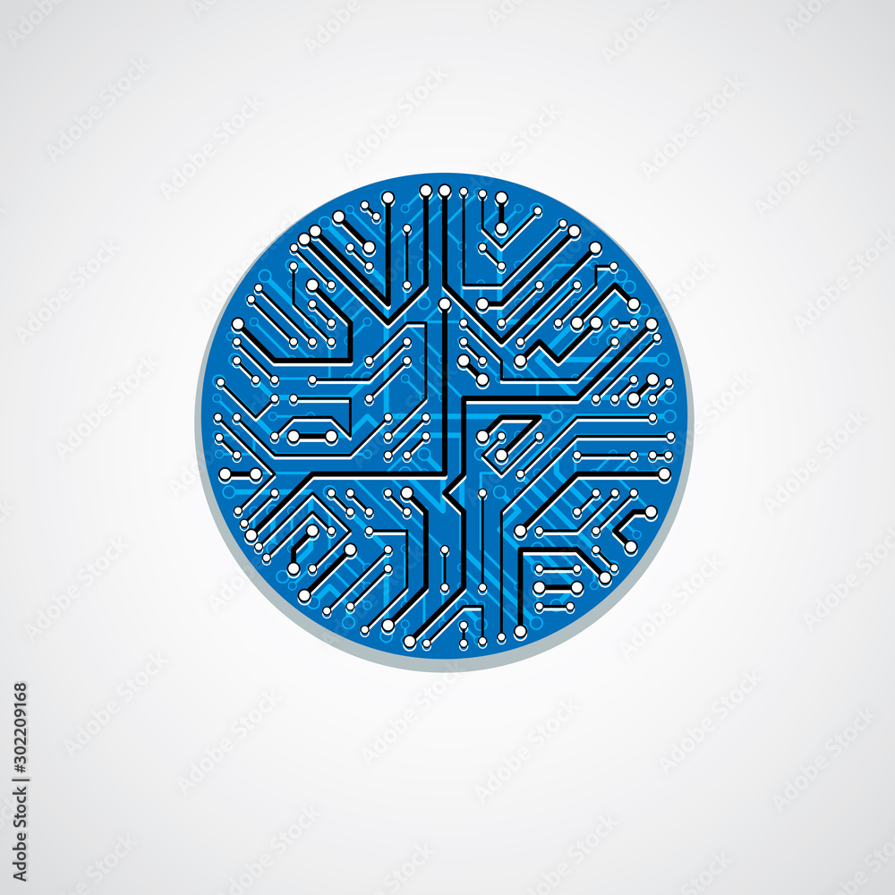 Vector abstract computer circuit board colorful illustration, blue round technology element with connections. Electronics theme web design.