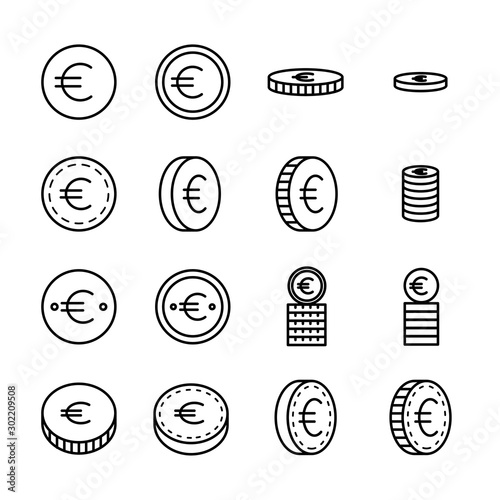 Set of coin related vector line icons.
