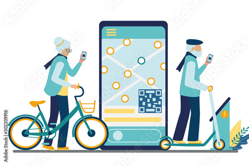 A couple of active old people rent an urban transport using the mobile app for unlocking. Healthy seniors share kick scooter and pedal bike. Vector flat illustration isolated on white background