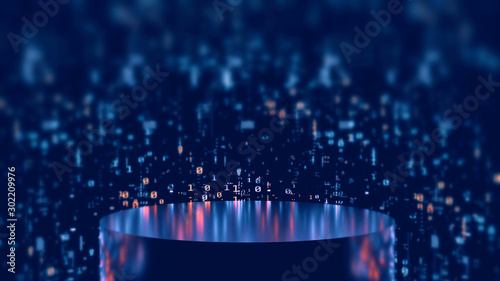 3D Rendering of chromium glossy podium stand in dark empty room with reflection from binary and digital data from wall. Background for technology product, big data, computer hardware, ai, crypto