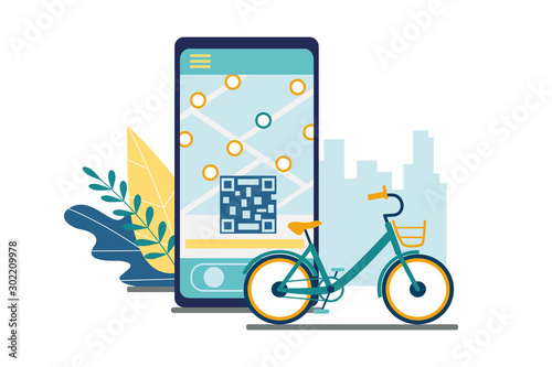 Bicycle rental, sharing and booking. Mobile app for ordering and unlocking for riding electric and pedal bikes. On smartphone screen, a map with parking locations and a qr code. Vector illustration