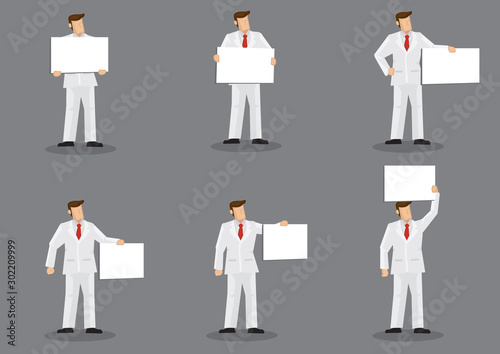 Cartoon Man in White Suit Holding a Placard Display Board Vector Character Illustration
