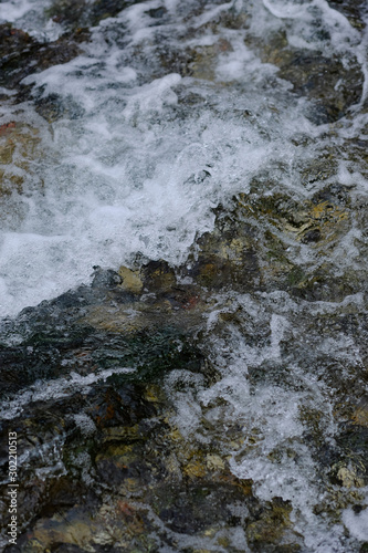 Flowing Water. slow shutter speed, to show water flowing over rocks with ice formations. 