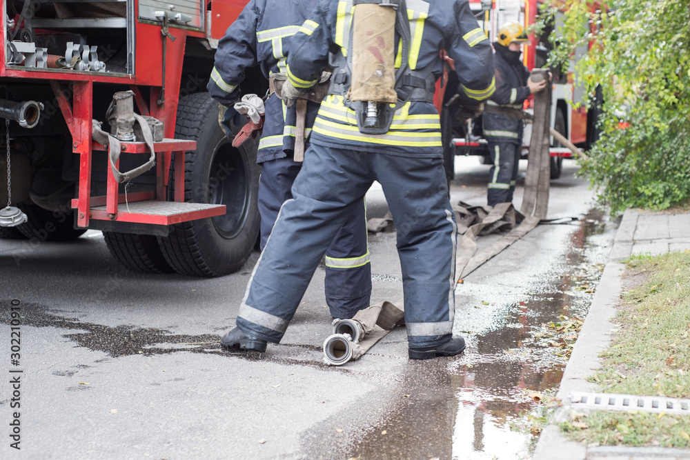 Fototapeta premium Fire brigade works on a machine with a hose. View from the back