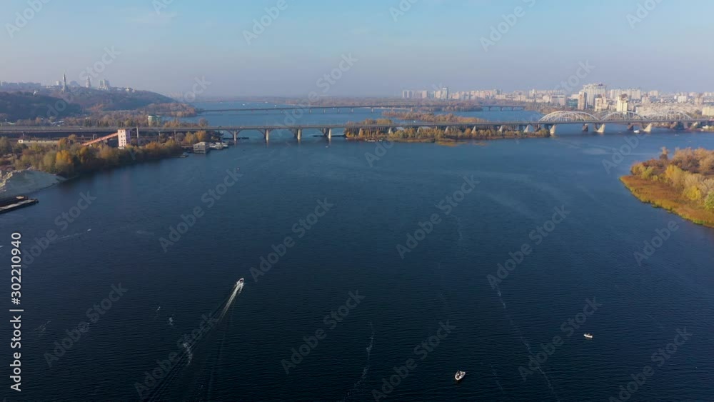 Aerial view of a beautiful autumn landscape in Kiev on the Dnieper River Aerial view of a beautiful autumn landscape in Kiev on the Dnieper River
