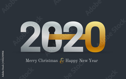 2020 new year card for real estate company. Happy new year 2020 concept with key and door lock. Realty. Vector illustration. Isolated on black background.