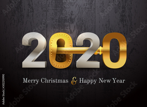 2020 new year card for real estate company. Happy new year 2020 concept with key and door lock. Realty. Vector illustration. Isolated on black wood texture.