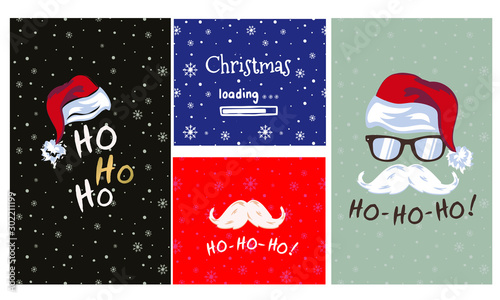 Square Christmas card. Speech bubble, snowflakes, Santa Claus mustache and handwritten text Ho-ho-ho, red, white. Christmas and New Year card, t-shirt composition, handmade vector illustration.