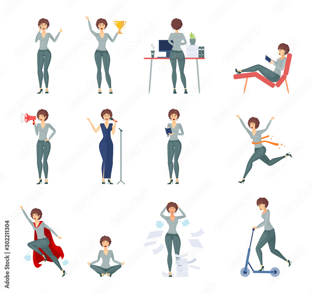 Businesswoman character design in business clothes set. Girl works in the office, practices yoga, imagines herself a superhero, stresses, studies. Concept partnership, success, deadline vector