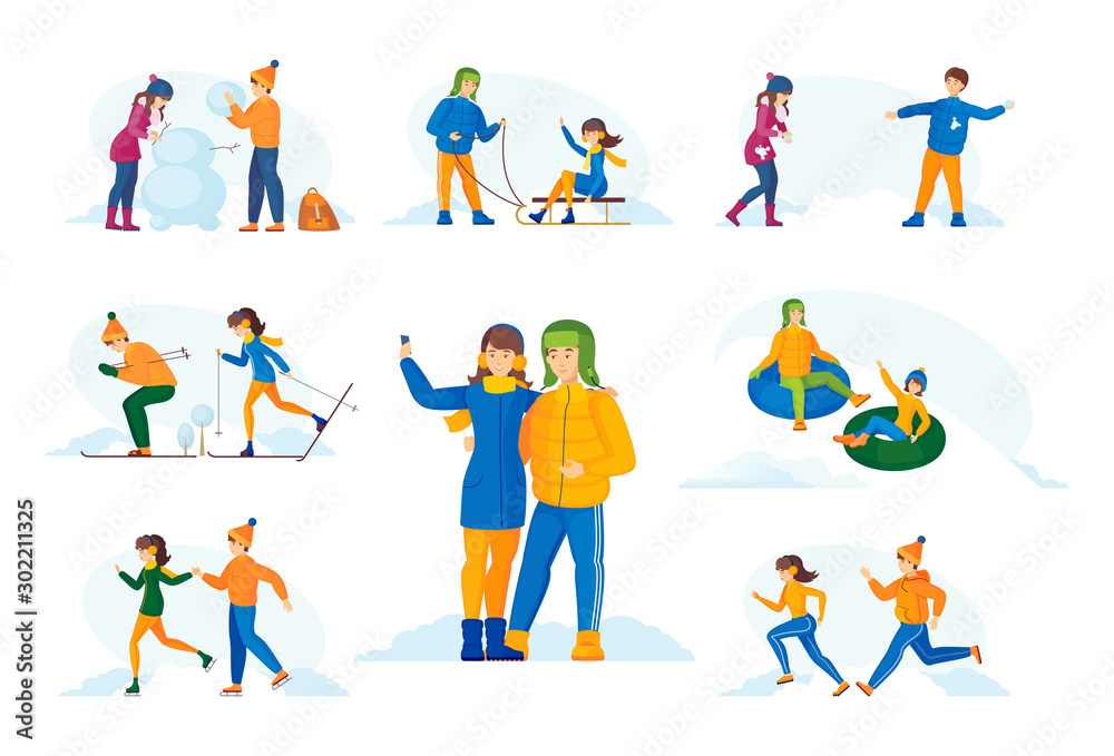 Vacation winter time young couple. couple in winter clothes have romantic winter vacation time. Young people skating, they sculpt snowman, ski, play snowballs, take selfie together. Winter time vector